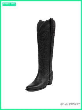 Women Cowboy Knee High Boots Chunky Heel Pointed Toe Pull-On Western Wide Calf